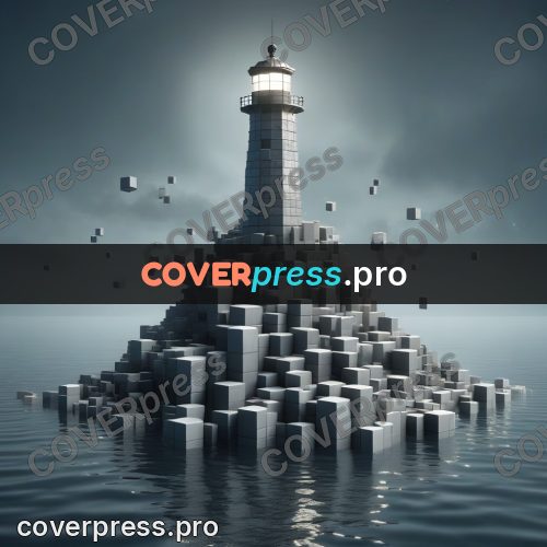Geometric 3d artwork: lighthouse on a mound of blocks