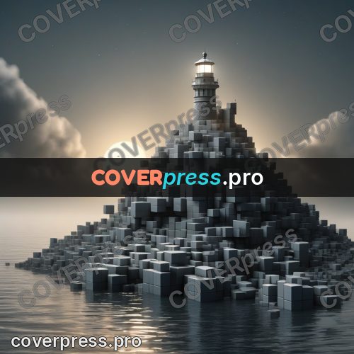 Geometric 3d artwork: lighthouse on a mound of blocks