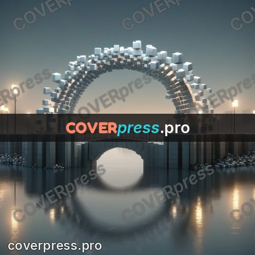 Geometric 3d artwork: stone bridge arching over water