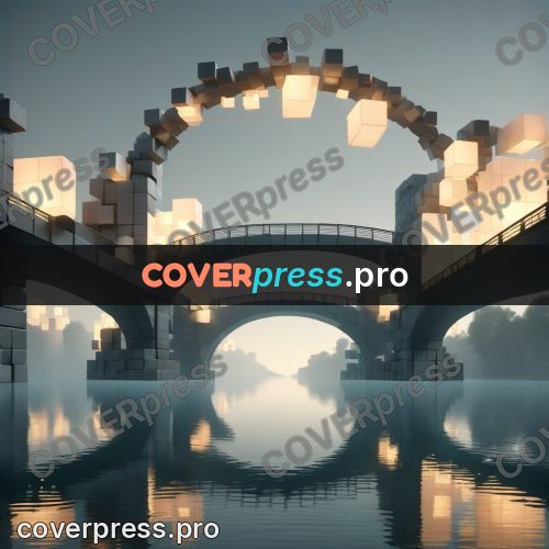 Geometric 3d artwork: stone bridge arching over water