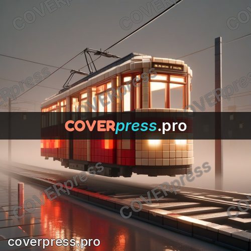 Geometric 3d artwork: red tram in the fog
