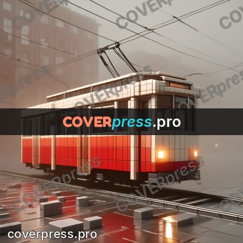 Geometric 3d artwork: red tram in the fog