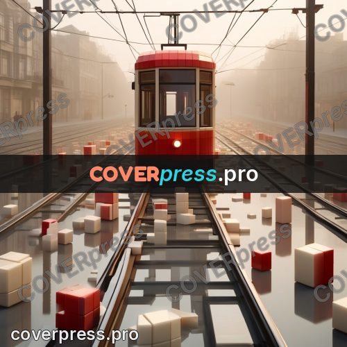 Geometric 3d artwork: red tram in the fog
