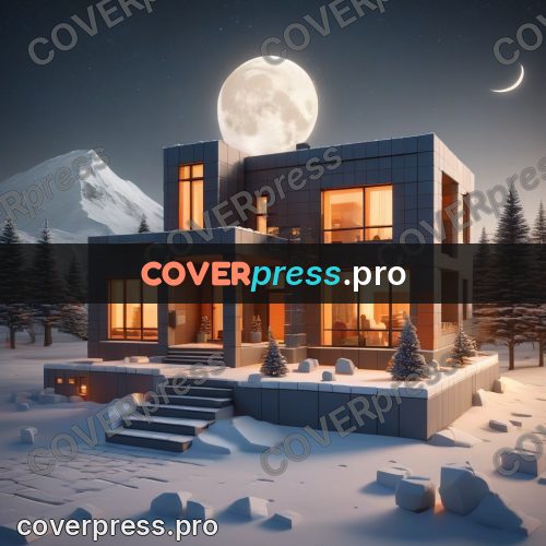 Geometric 3d artwork: house with lit windows in snow