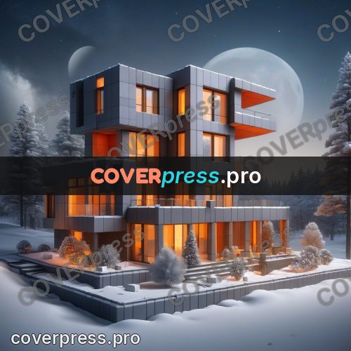 Geometric 3d artwork: house with lit windows in snow