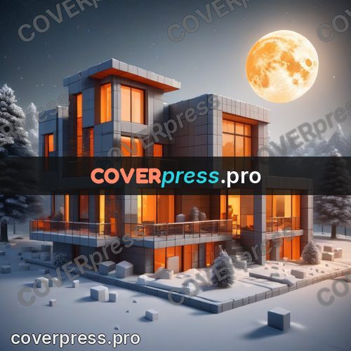 Geometric 3d artwork: house with lit windows in snow