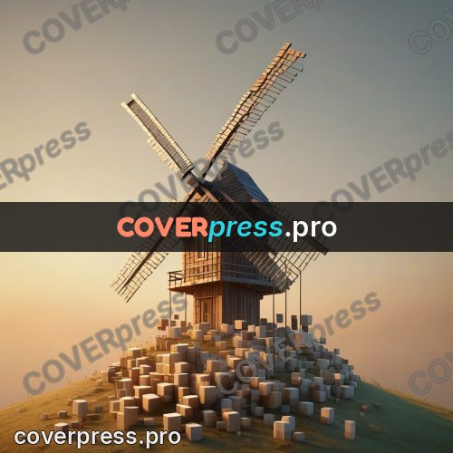 Geometric 3d artwork: wooden windmill on a hill