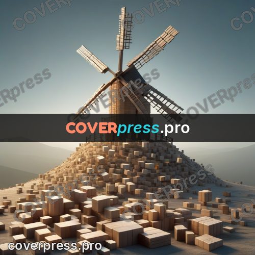 Geometric 3d artwork: wooden windmill on a hill