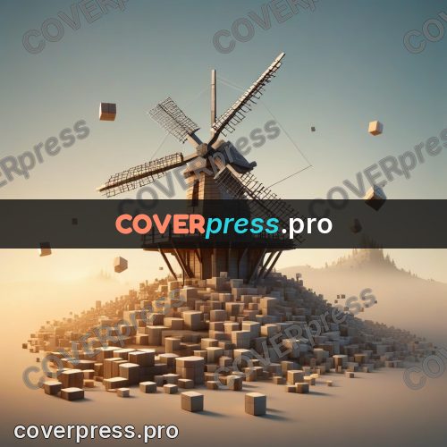 Geometric 3d artwork: wooden windmill on a hill