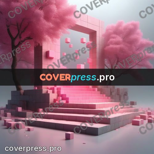 Geometric 3d artwork: stairway among pink trees