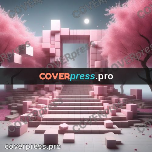 Geometric 3d artwork: stairway among pink trees