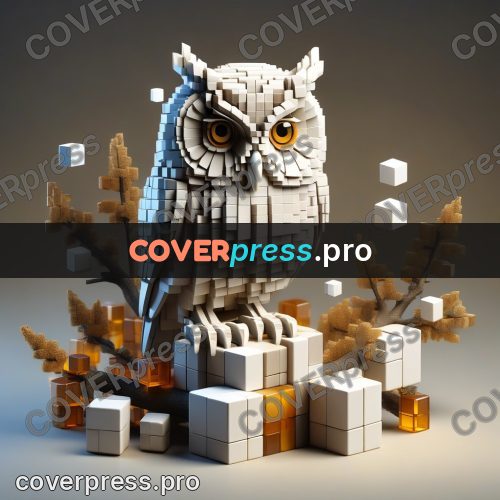 Geometric 3d artwork: owl with yellow eyes