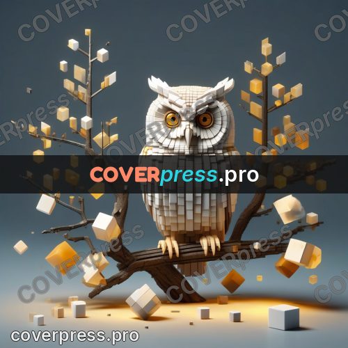 Geometric 3d artwork: owl with yellow eyes
