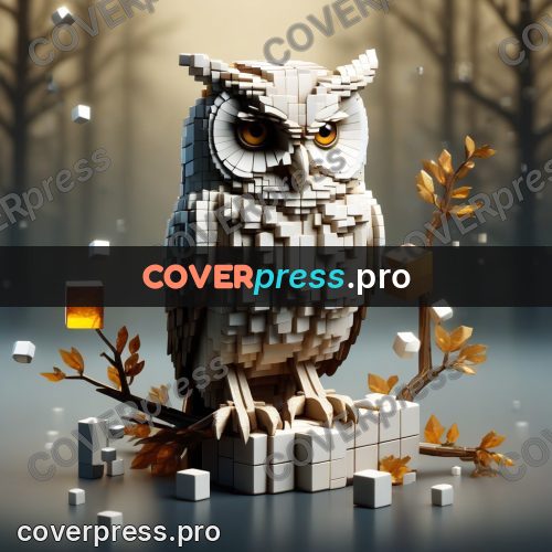 Geometric 3d artwork: owl with yellow eyes