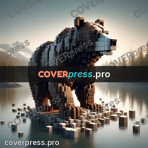 Geometric 3d artwork: bear on a lake shore