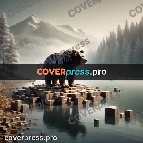 Geometric 3d artwork: bear on a lake shore