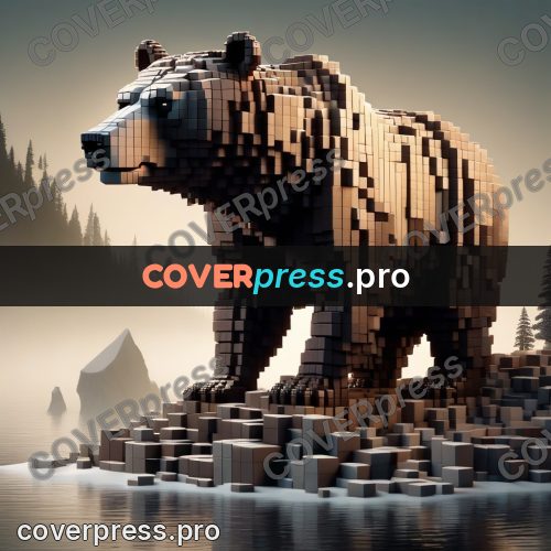 Geometric 3d artwork: bear on a lake shore