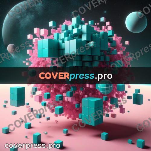 Geometric 3d artwork: turquoise and pink blocks in space