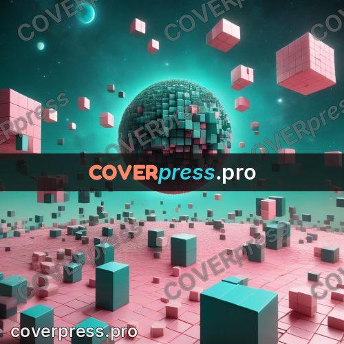 Geometric 3d artwork: turquoise and pink blocks in space