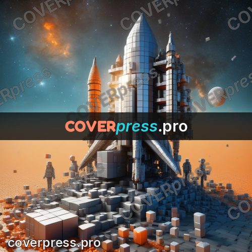 Geometric 3d artwork: rocket on a launch pad