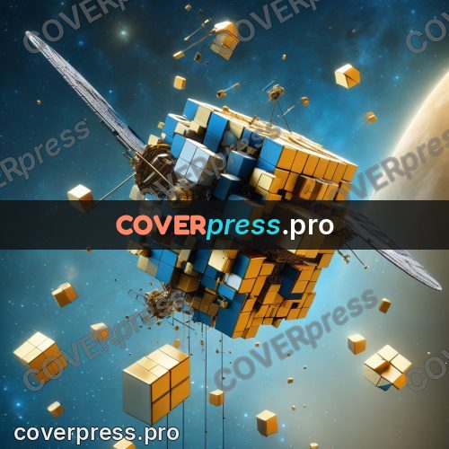 Geometric 3d artwork: satellite with panels in space
