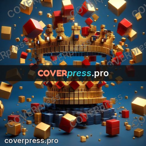 Geometric 3d artwork: gold and blue blocks flying apart