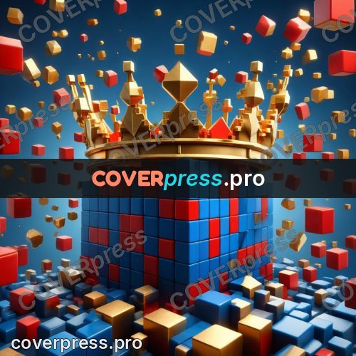 Geometric 3d artwork: gold and blue blocks flying apart