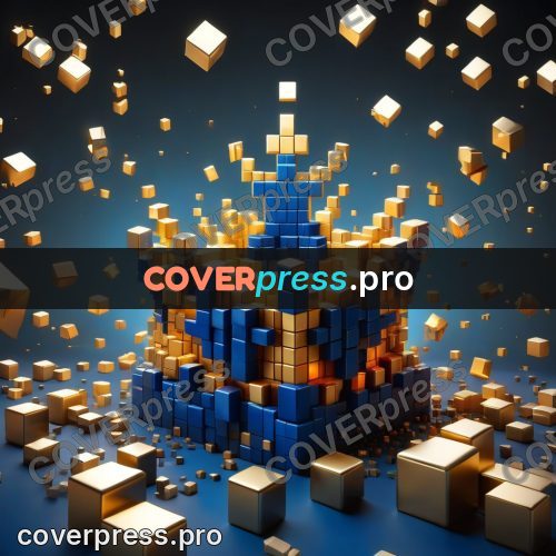 Geometric 3d artwork: gold and blue blocks flying apart