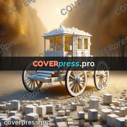 Geometric 3d artwork: white carriage on spoked wheels