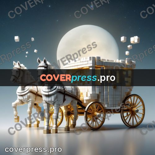 Geometric 3d artwork: white carriage on spoked wheels