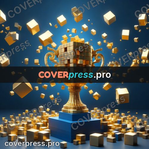 Geometric 3d artwork: gold trophy on a pedestal