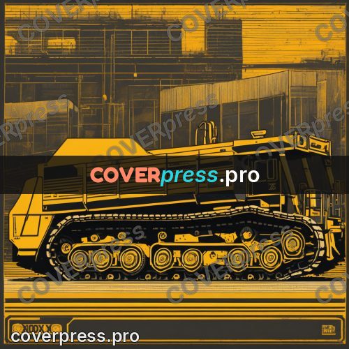 Cyberpunk illustration: tracked hauler in a yard