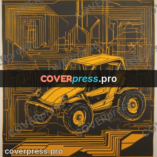 Cyberpunk illustration: yellow buggy on a blueprint
