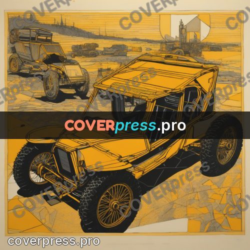 Cyberpunk illustration: yellow buggy on a blueprint