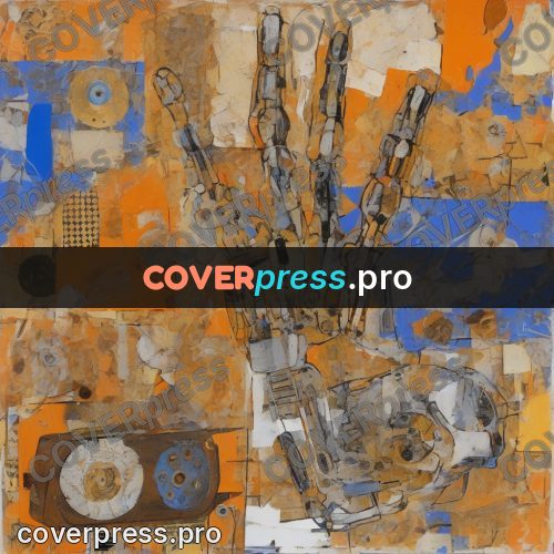 Mixed media illustration: hand of parts on orange