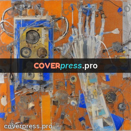 Mixed media illustration: hand of parts on orange