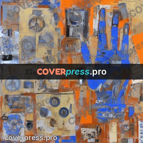Mixed media illustration: hand of parts on orange