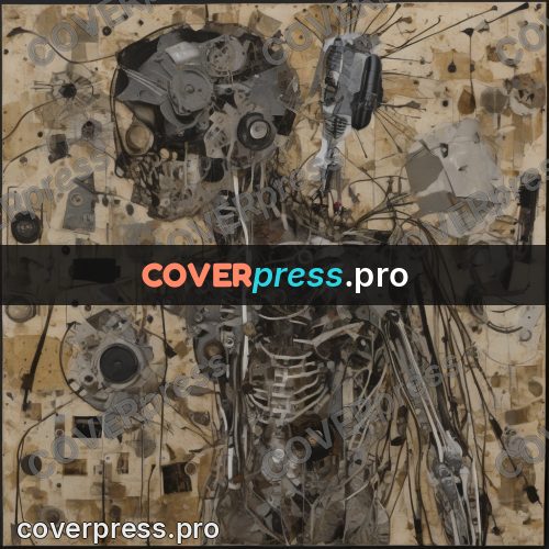Mixed media illustration: figure of mechanical parts