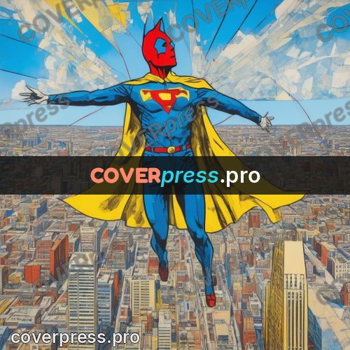 Mixed media illustration: caped hero above a city