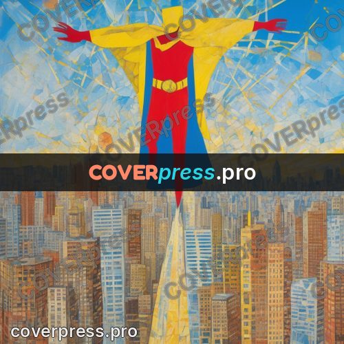 Mixed media illustration: caped hero above a city
