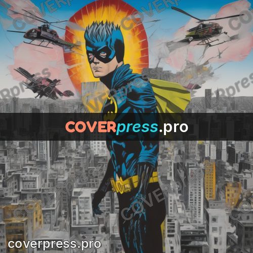 Mixed media illustration: masked hero against a city