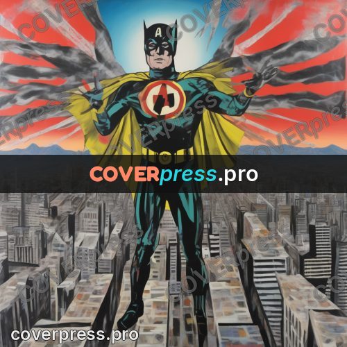 Mixed media illustration: masked hero against a city