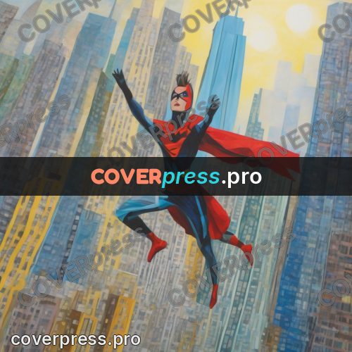 Mixed media illustration: hero leaping between buildings
