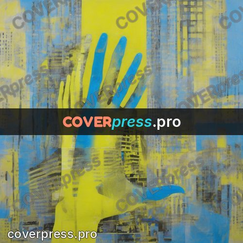 Mixed media illustration: yellow hand on blue ground