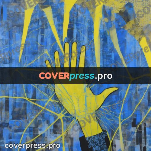 Mixed media illustration: yellow hand on blue ground