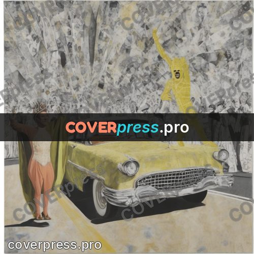 Mixed media illustration: car and crowd in the street