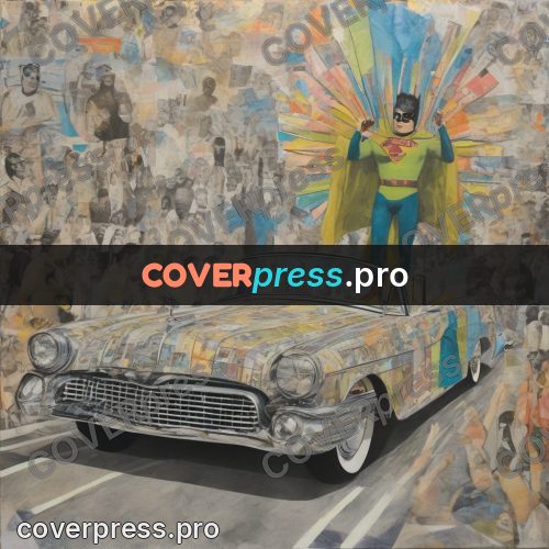 Mixed media illustration: car and crowd in the street