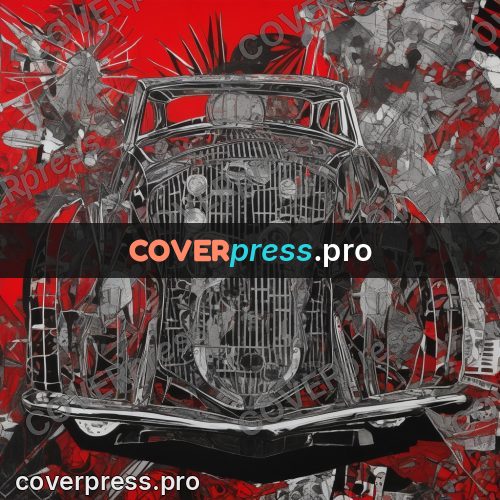 Mixed media illustration: car front on red