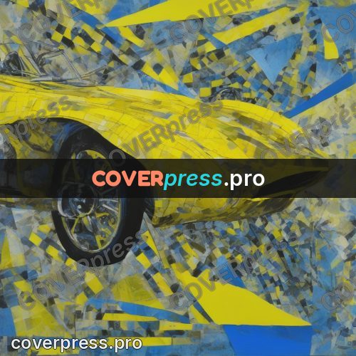 Mixed media illustration: car among yellow shards