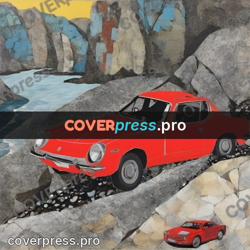 Mixed media illustration: red car among the rocks
